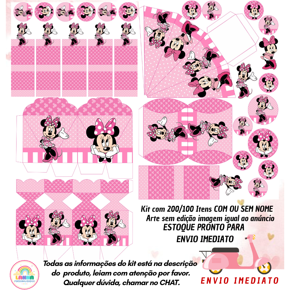 Tema: MINNIE ROSA MOD 02 Kit  Lembrancinhas com 200/100 Itens S/COM NOME - Envio Imediato