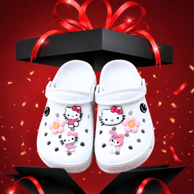 Sandália Babuche Nuvem Com 6 Pins Hello kitty Acessórios Eva Unissex Leve Confortável Antiderrapante