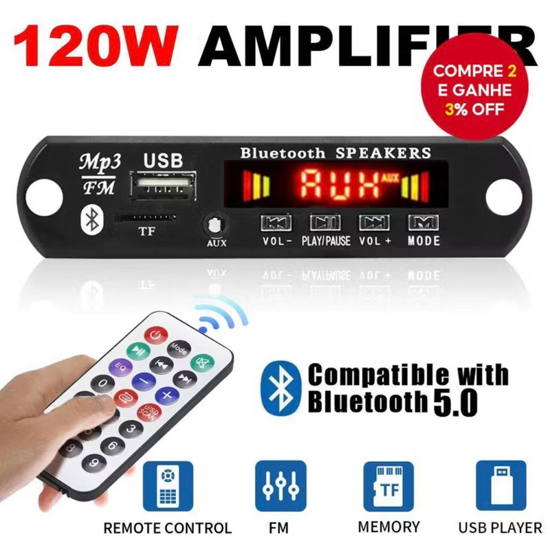 1200w Amplificador Bluetooth 5.0 MP3 WMA WAV Decoder Board 12V MP3 Player Carro Música FM Módulo de Rádio com controle