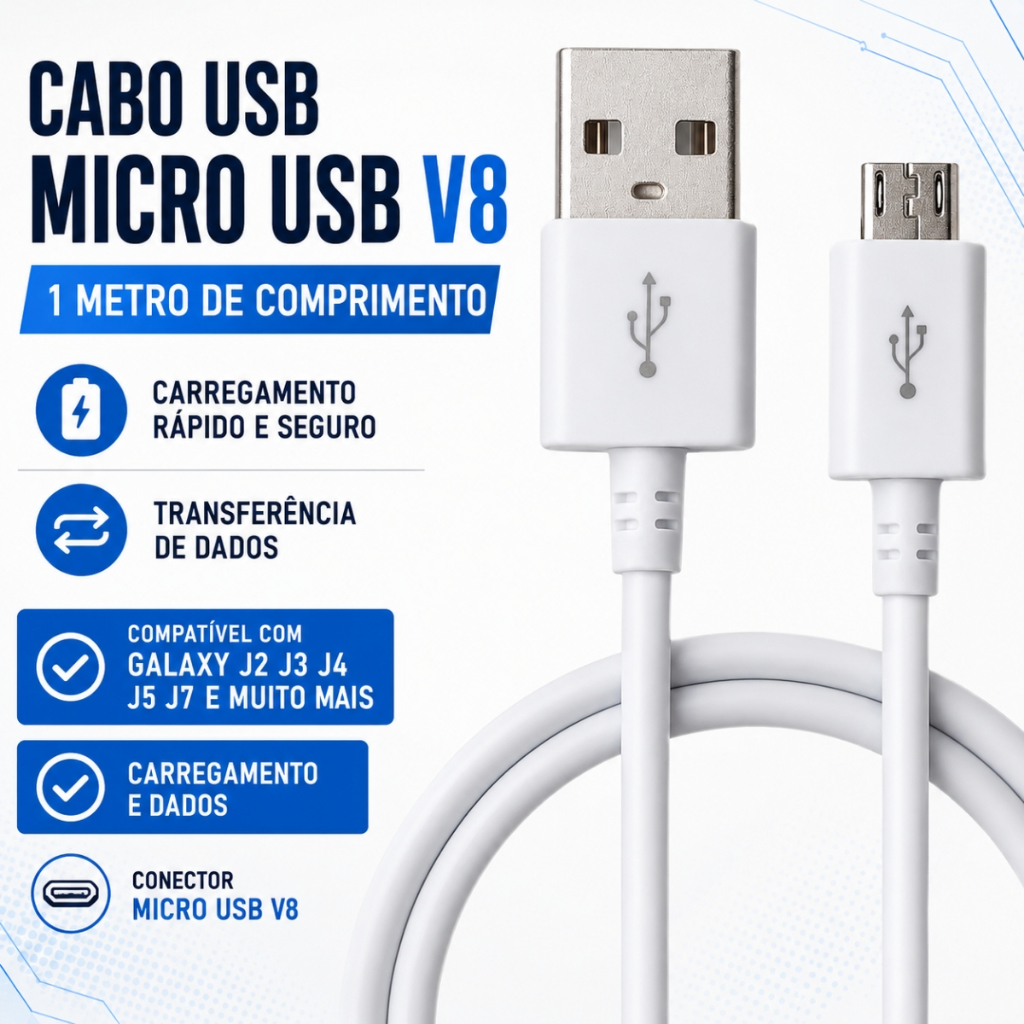 Kit 5 Cabo Celular Cabo Turbo Cabo V8 Compatível com Samsung Galaxy J5  J7  J2  S5 S7 Moto G5 G5 G4