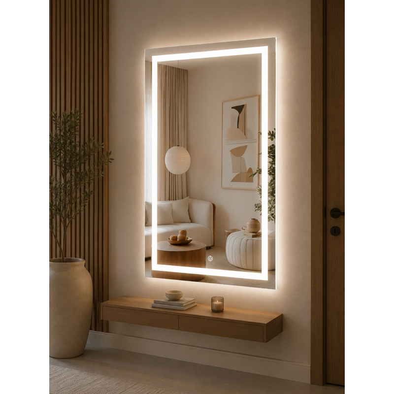 Espelho Jateado com LED 60x80cm Retangular Iluminado Bivolt Para Banheiro e Hall
