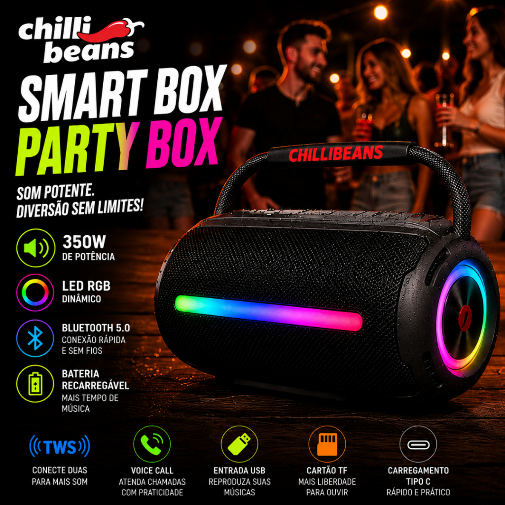 Caixa De Som Bluetooth Chilli Beans Smart Box LED RGB Portátil TWS USB-C