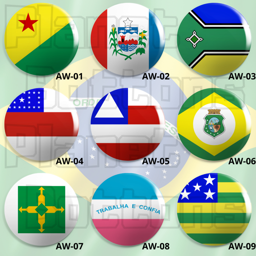 Bottons Bandeiras dos Estados do Brasil - Boton / Button / Botum / Broche / Pin - 3,8cm e 5,5cm.