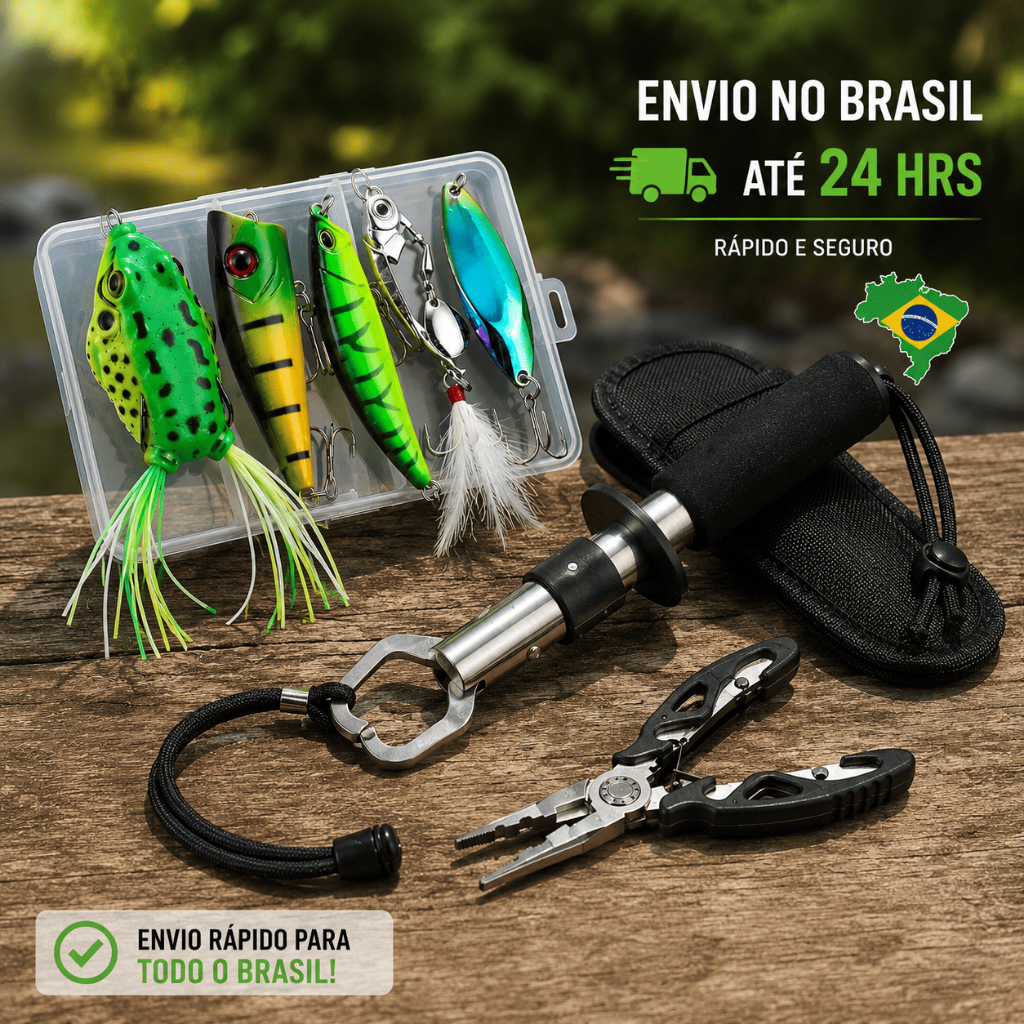 Kit Pesca Completo Iscas Artificiais Sapinho Frog Popper Spinner Com Alicate De Contenção E Tesoura
