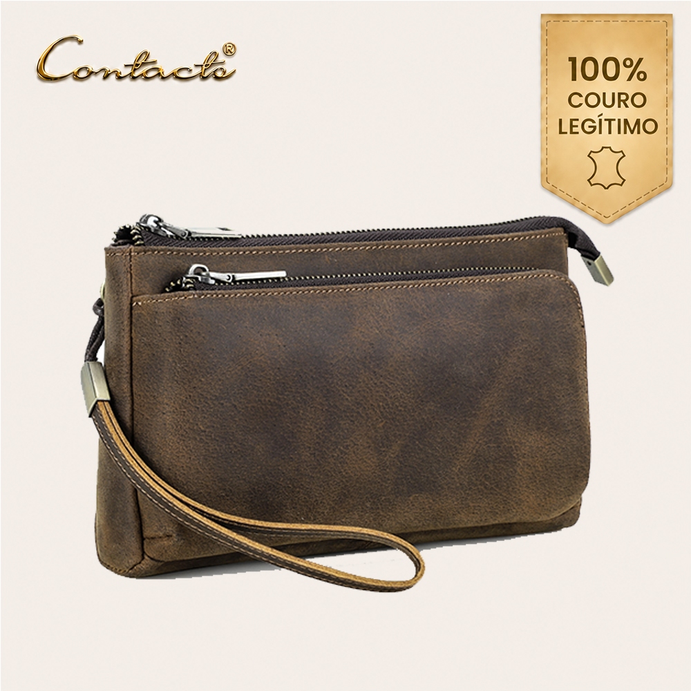 CONTACT'S Bolsa Masculina de Couro Crazy Horse Vintage com Zíper Duplo, Carteira Clutch Grande, Porta Celular