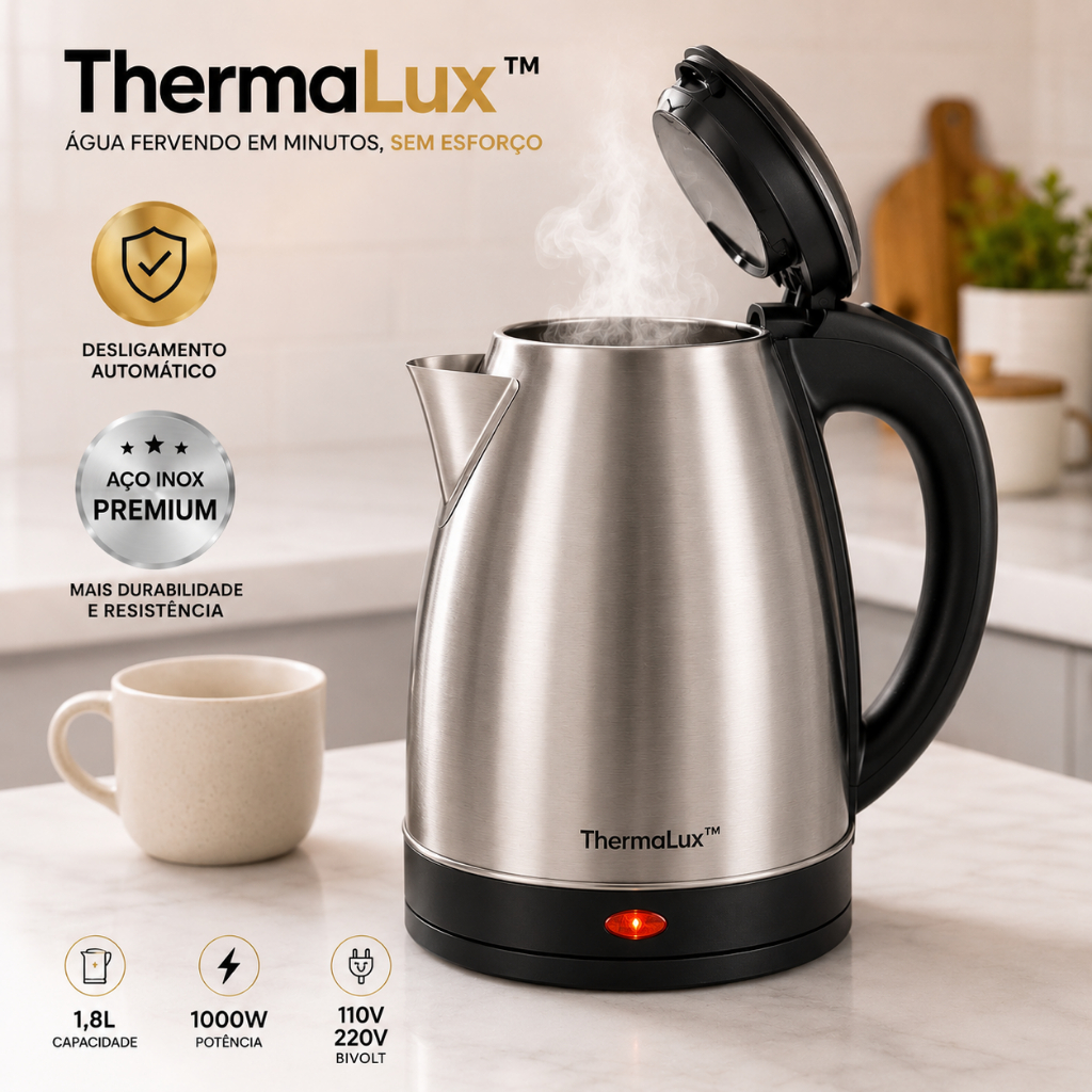 Chaleira Elétrica Inox 1,8L Base Giratória 360° Café Chá Ferve Água Rápido Desligamento Automático 110V/220V
