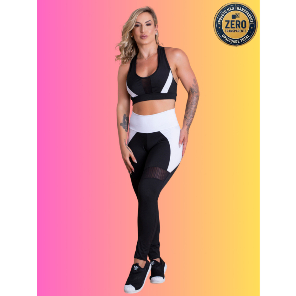 Conjunto Fitness Feminino Calça Legging Cintura Alta Recorte Cintura E Top Nadador Tela Academia ZERO TRANSPARÊNCIA