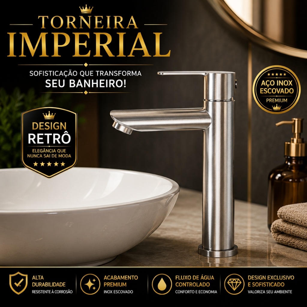 Torneira Retrô Inox Escovado Para Lavatório Banheiro Luxo Torneira Imperial