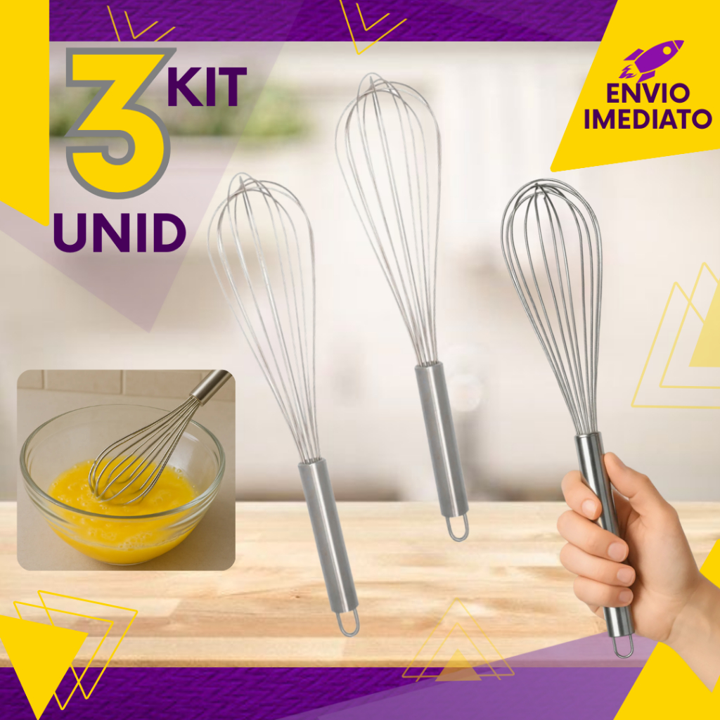 3, 2 ou 1 un - Batedor De Ovos Fouet P/Massa Bolo Creme Sobremesa Cabo Reforçado Confeitaria