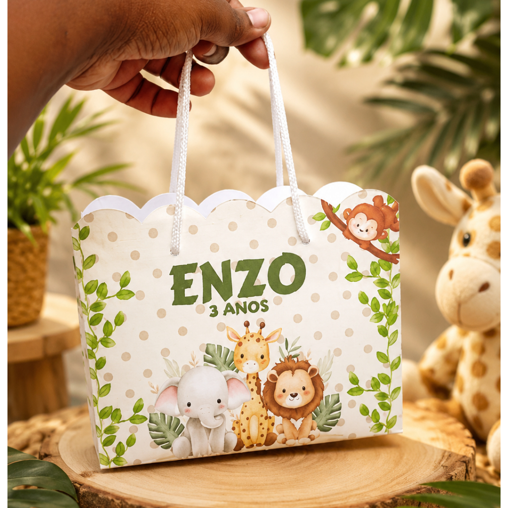 SACOLINHAS SAFARI PERSONALIZADAS LEMBRANCINHA DE ANIVERSÁRIO INFANTIL - JÁ MONTADAS