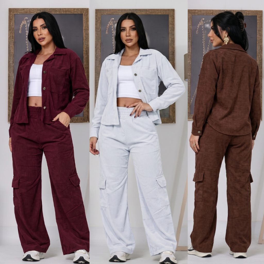 Conjunto Feminino Inverno Elegante Cotelê Casaco e Calca Cargo com Bolsos Laterais Quentinho e Confortável