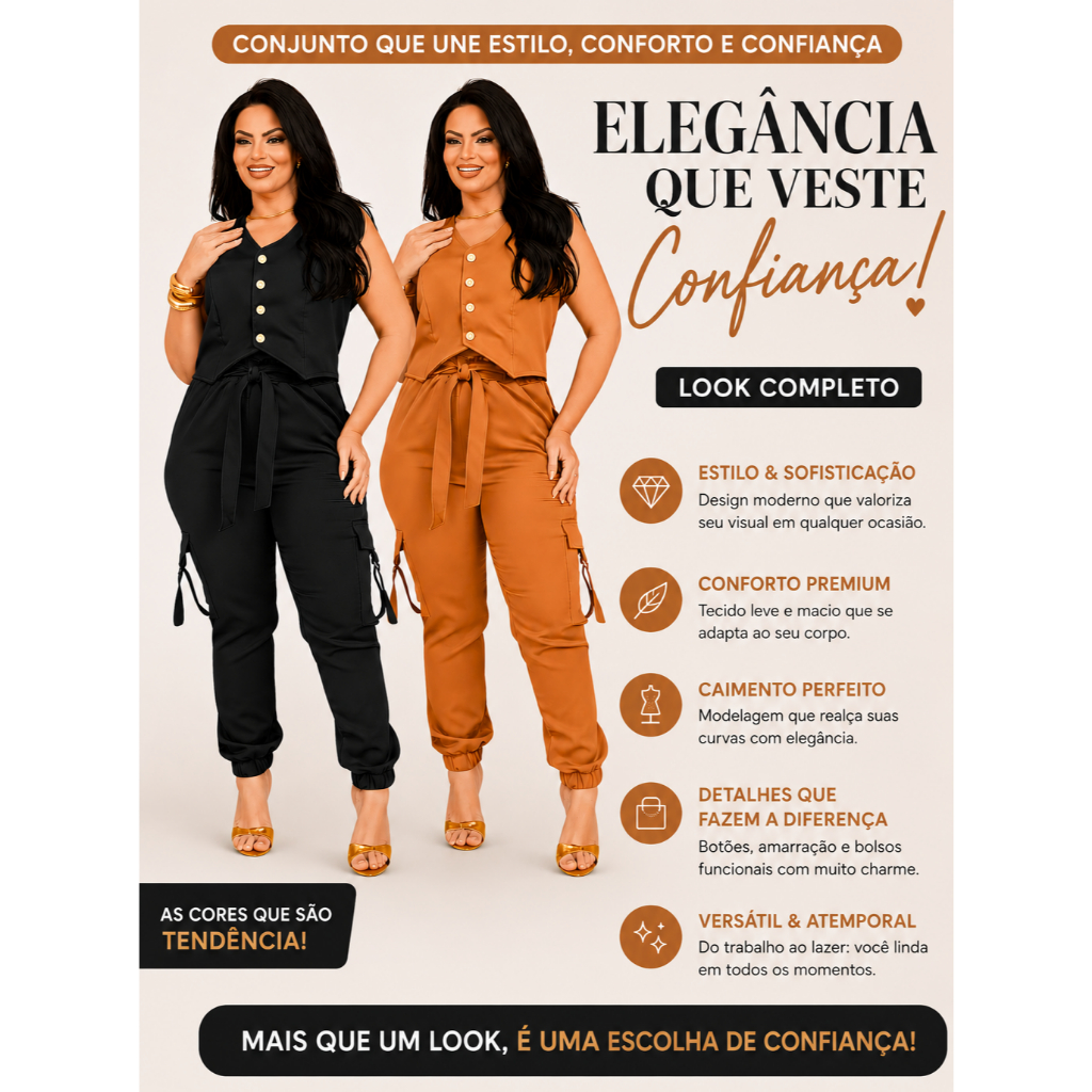 Conjunto Alfaiataria Feminino Calça Jogger e Cropped Colete Elegante e Confortável Premium,BsC Style