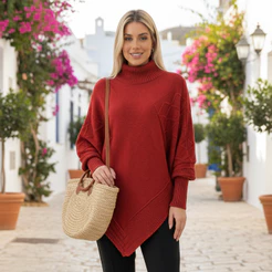 Poncho Feminino Tricot Gola Alta Manga Longa Relevo Geométrico Sofisticado Inverno Frio
