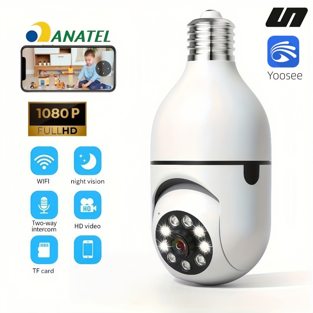 Câmeras segurança wifi ip sem fio 360° encaixe lampada Infravermelho sem fio ptz full HD - 8177
