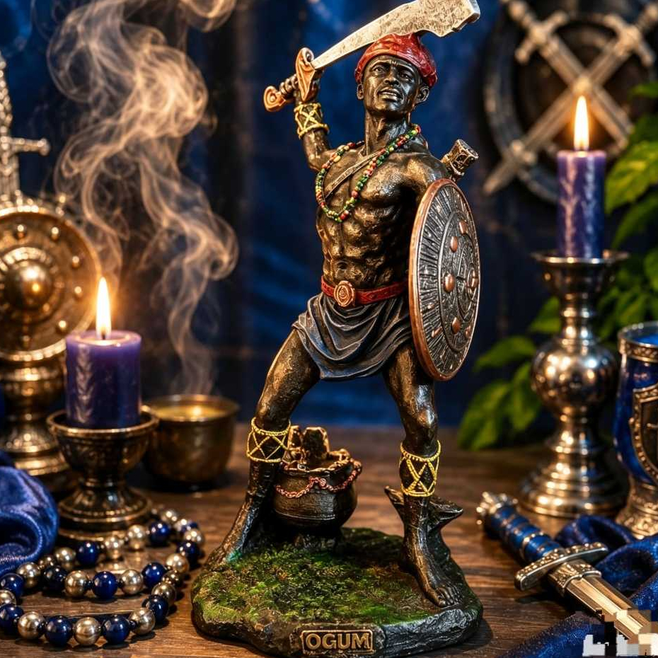 Imagem Ogum Orixá 23cm em Resina Estátua Altar Umbanda Decoração Espiritual Guerreiro