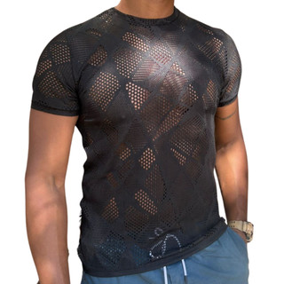 Camiseta Masculina Transparente Tela Arrastão Slim Fit Manga Curta Moda Praia Balada