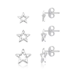 Trio de Brincos Feminino de Prata 925 Estrela Vazada