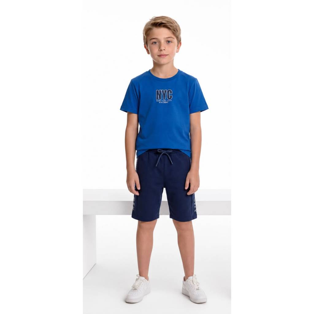 Conjunto Infantil Masculino NYC Camiseta Meia Malha e Short Moletom Confortável