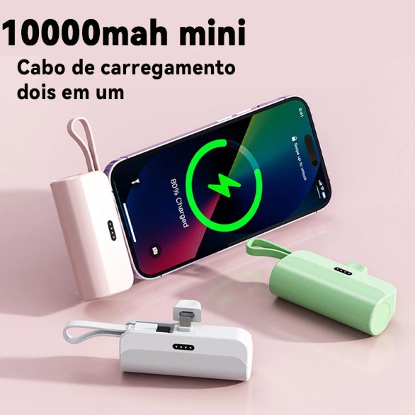 Carregador Mini Power Bank 1.0000mAh Sem Fio 2em1 Carregador Portatil para Tipo c e IPhone