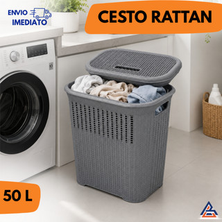 Cesto Rattan 50L com Tampa – Organizador Multiuso para Roupa, Banheiro, Lavanderia ou Esc…