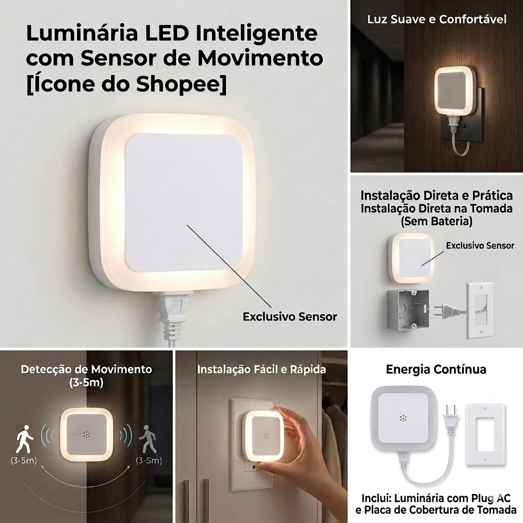 kit 2 Luz noturna LED de tomada com sensor de luminosidade quartos de bebe infantil corredor escada
