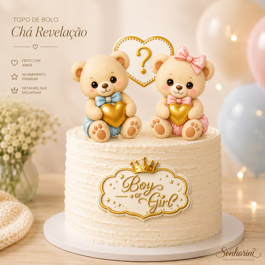 Topo de Bolo Chá Revelação Ursinhos Menino e Menina Decoração Bolo - Boy or Girl Envio Rápido