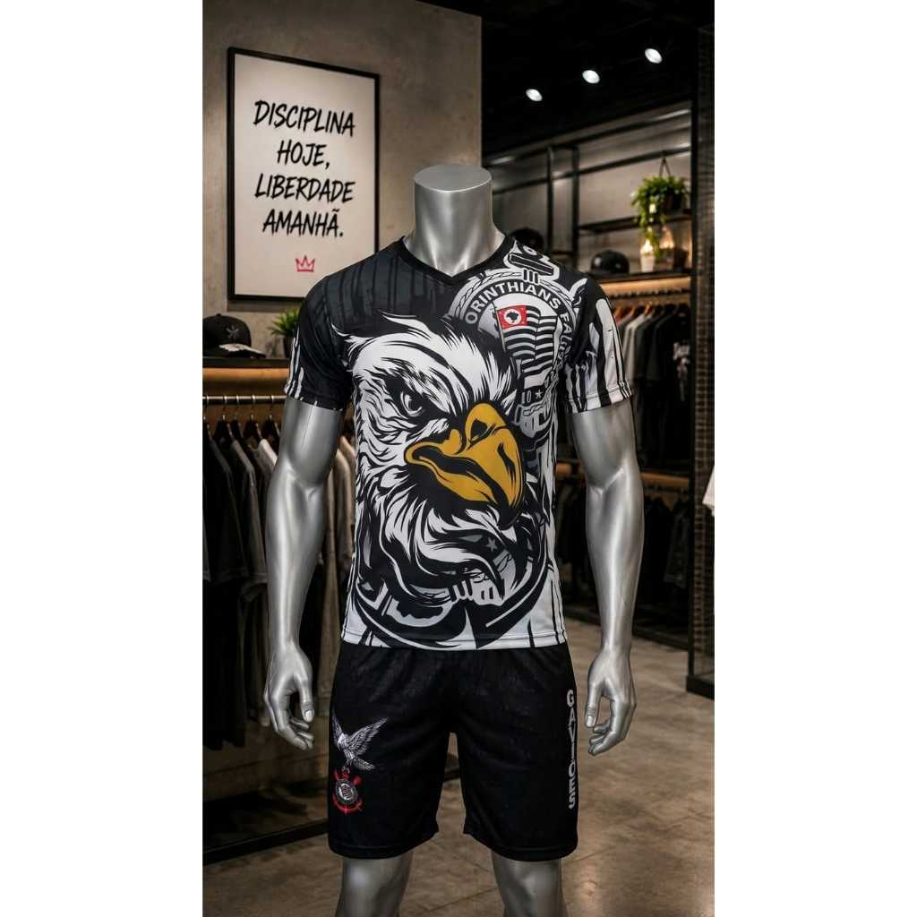 Conjunto Gaviões Da Fiel Águia Camiseta E Bermuda Timão