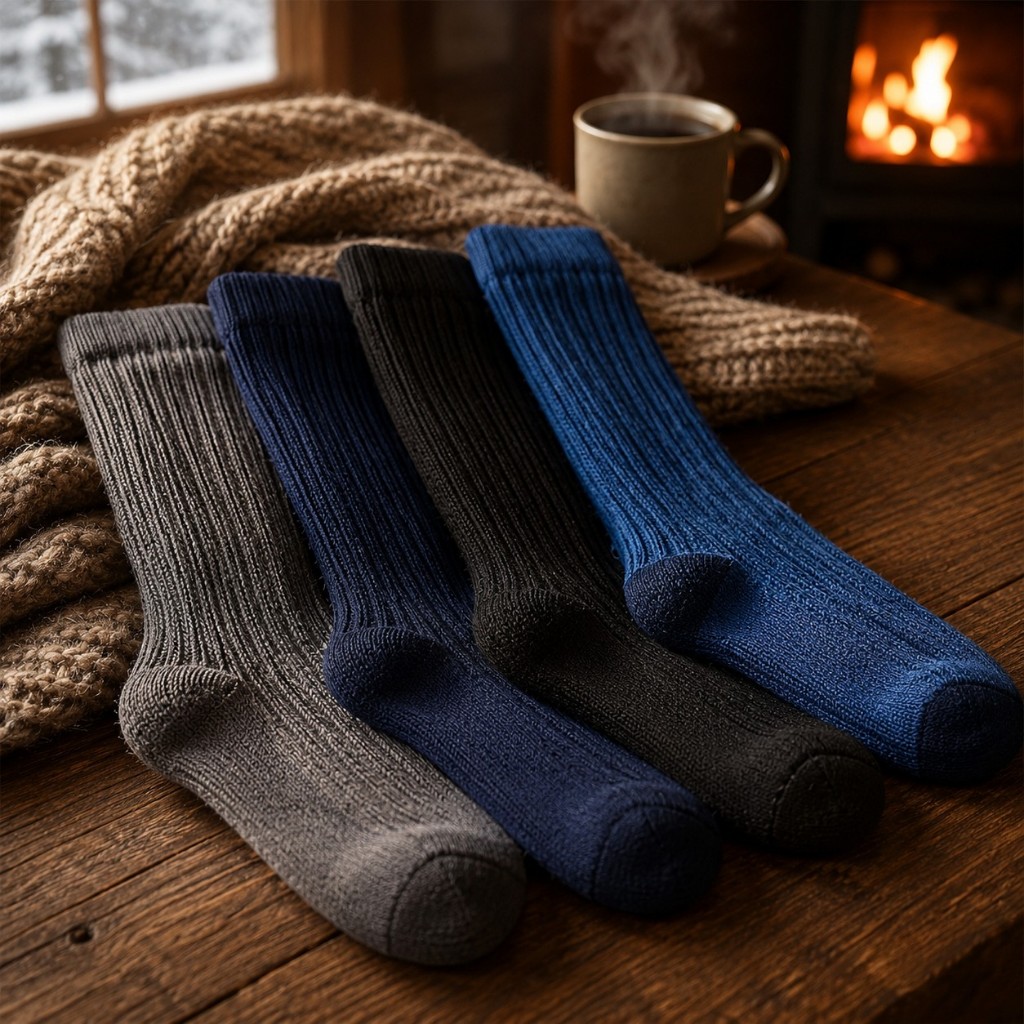Kit 4 Meias Térmicas Masculinas Cano Alto Caneladas Inverno Algodão Grossa Confortável Meia De Frio Premium
