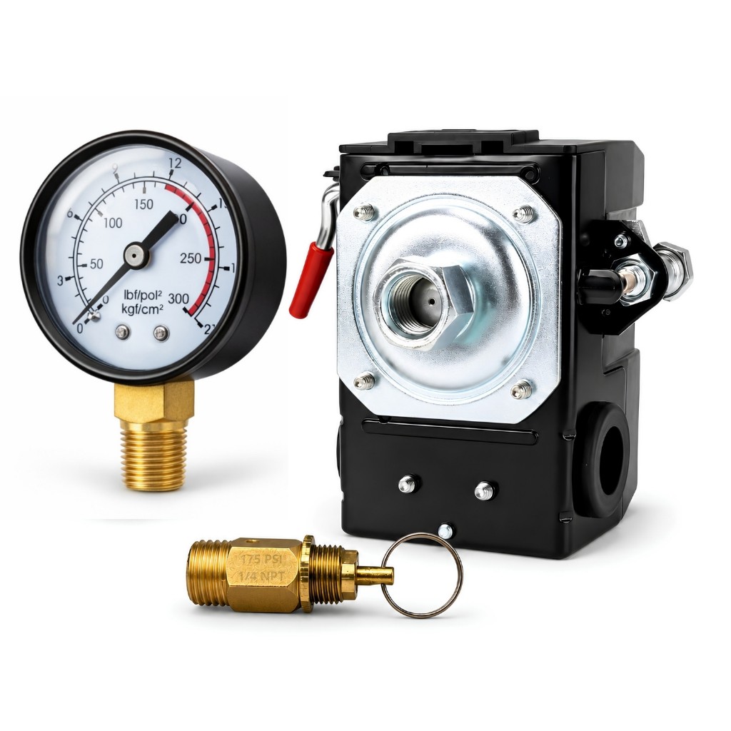 Kit Para Compressor de Ar Com Pressostato 125/175 PSI 1 via + Válvula de Segurança e Manômetro