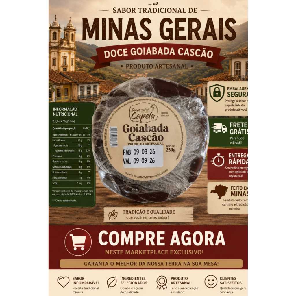 Goiabada cascao artesanal Gourmet Capela 250 gramas