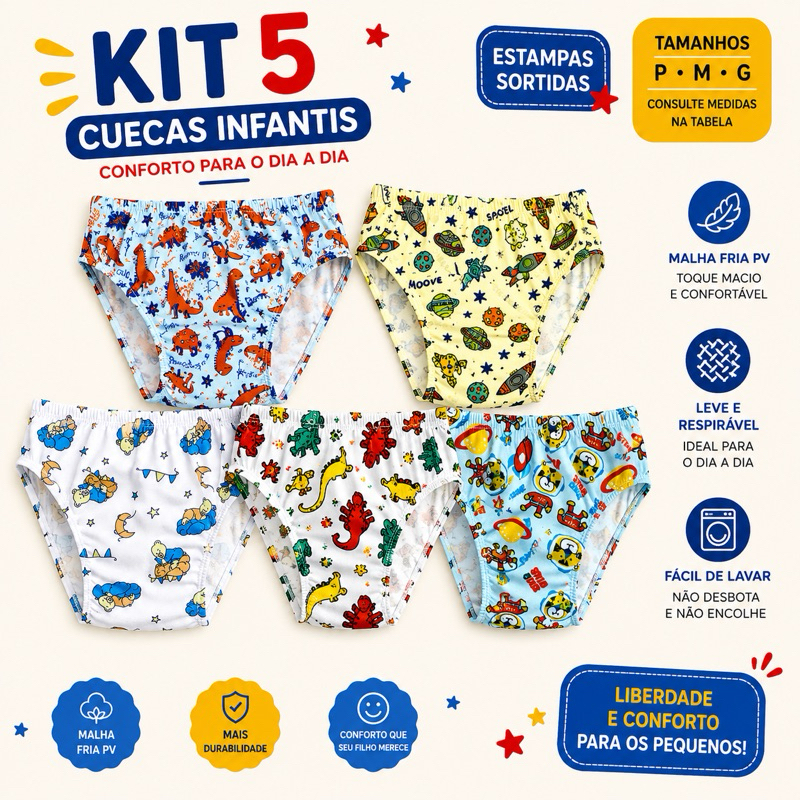 Kit 5 ou 10 Cuecas Infantil Menino Malha Fria PV Estampadas Sortidas Confortáveis Tam P M G