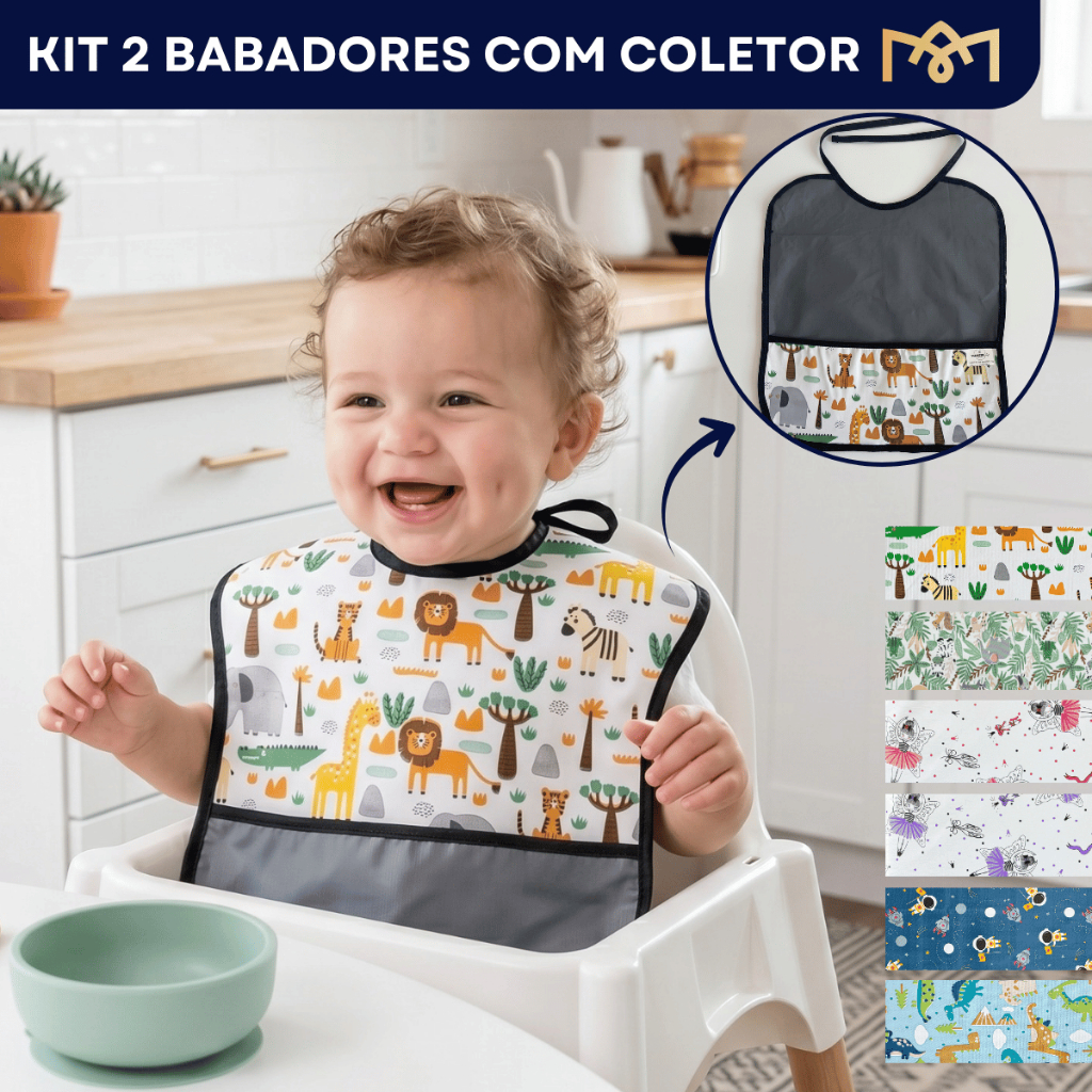 Kit 2 Babador Bebê Impermeável Infantil Pega Migalhas Com Bolso Premium