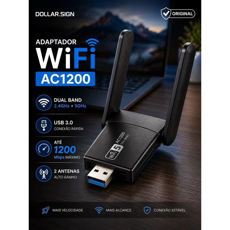 Adaptador WiFi USB AC1200 Dual Band 2 Antenas 5GHz 2.4GHz USB 3.0 Para PC Notebook