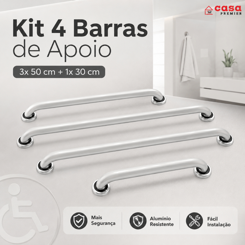 Kit 4 Barra de Apoio Alumínio Corrimão Segurança Proteção Idoso Apoio De Mão Def