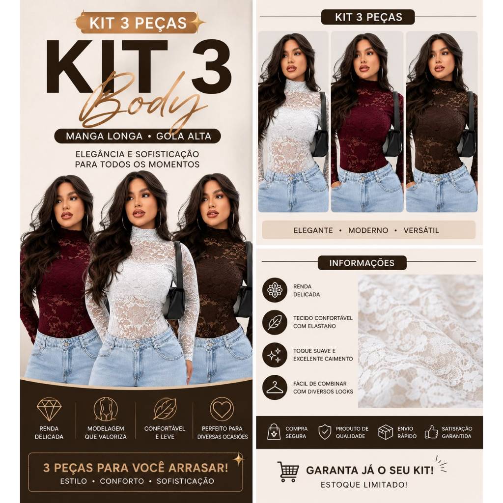 Kit 3 boby Femininos Renda Transparente Manga Longa Gola Alta Branco Vinho Marrom