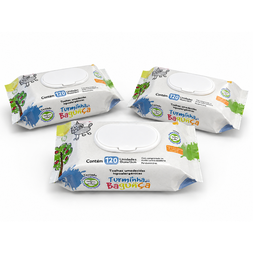 Kit 3 Pacotes Toalhas Umedecidas Turminha da Bagunça 120 Folhas com Tampa Lenço Umedecido
