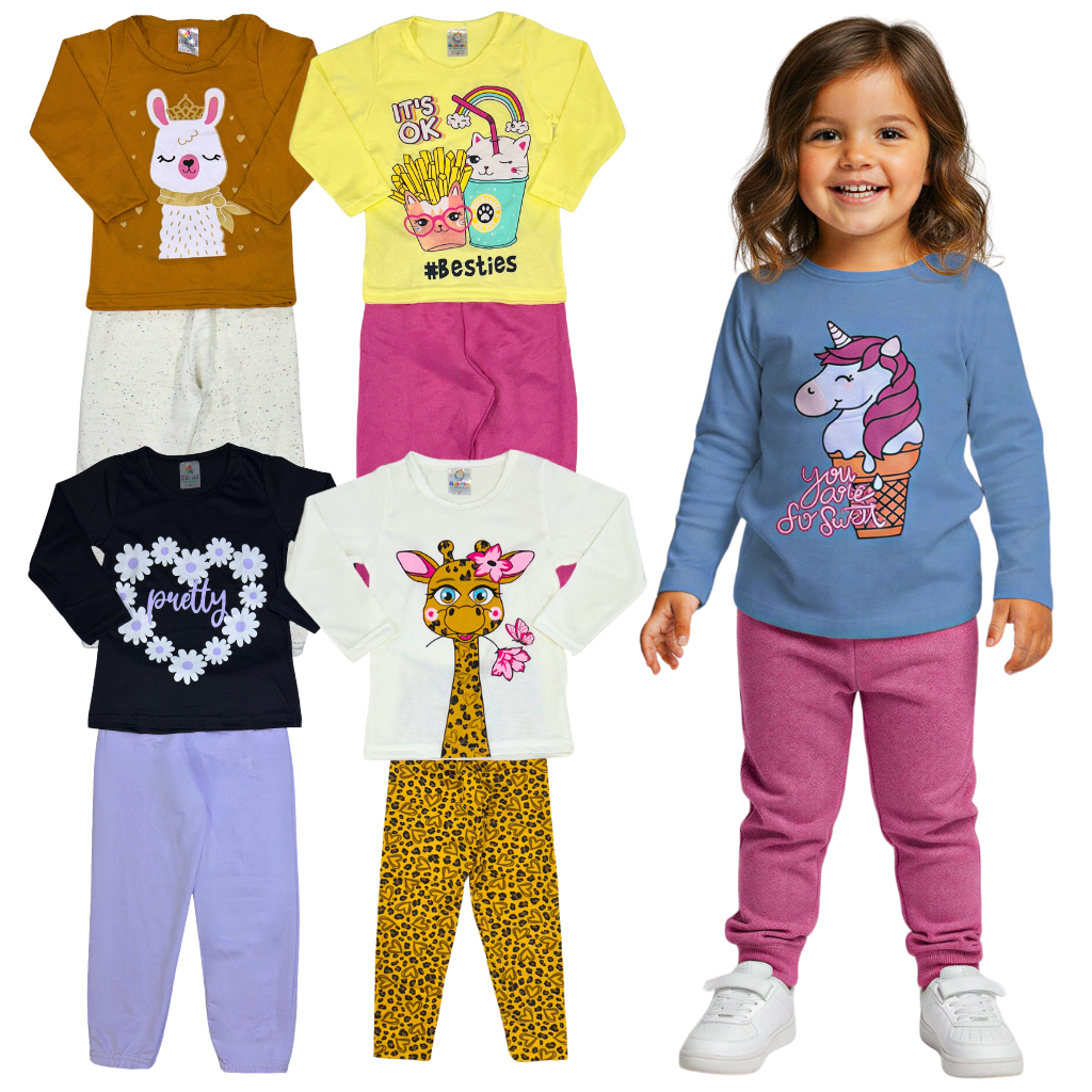 Kit 4 ou 6 Peças 2 ou 3 Conjunto Calça e Camiseta Manga Longa Menina Meia Estação Roupa Infantil