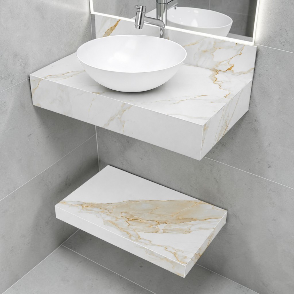 Kit Completo Bancada Cuba Redonda Sobreposta Banheiro Calacata Premium em Porcelanato