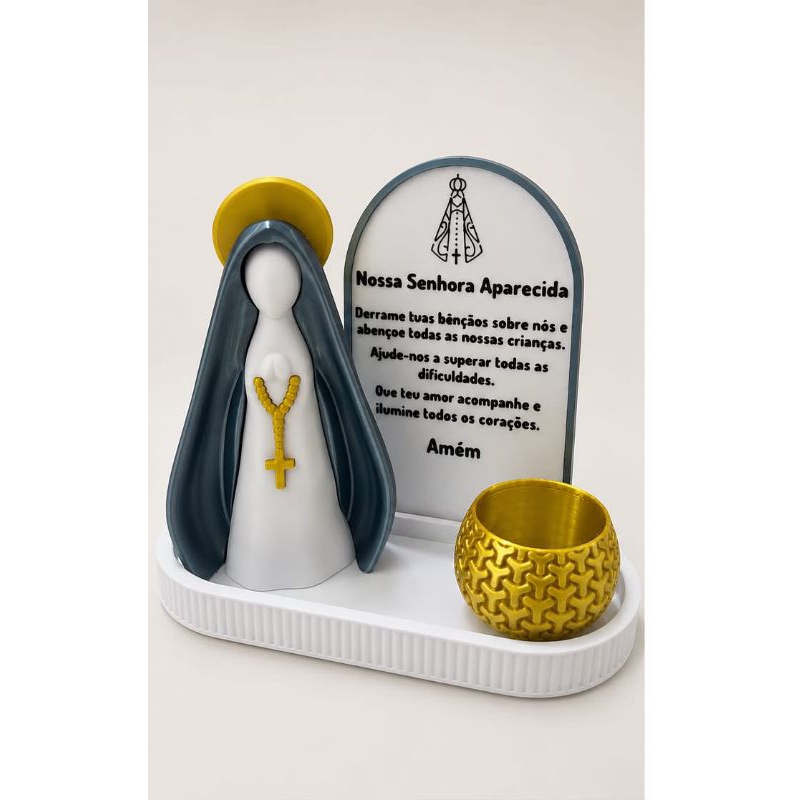 Kit Decorativo Nossa Senhora Aparecida com Porta Vela e Oração | Presente Religioso  | Decoração para Sala, Quarto