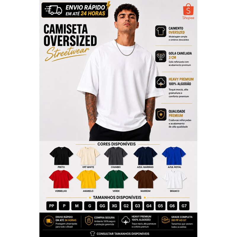 Camiseta Oversized Lisa Streetwear Heavy 100% Algodão Premium Bilix Do PP ao G7 Varias Cores