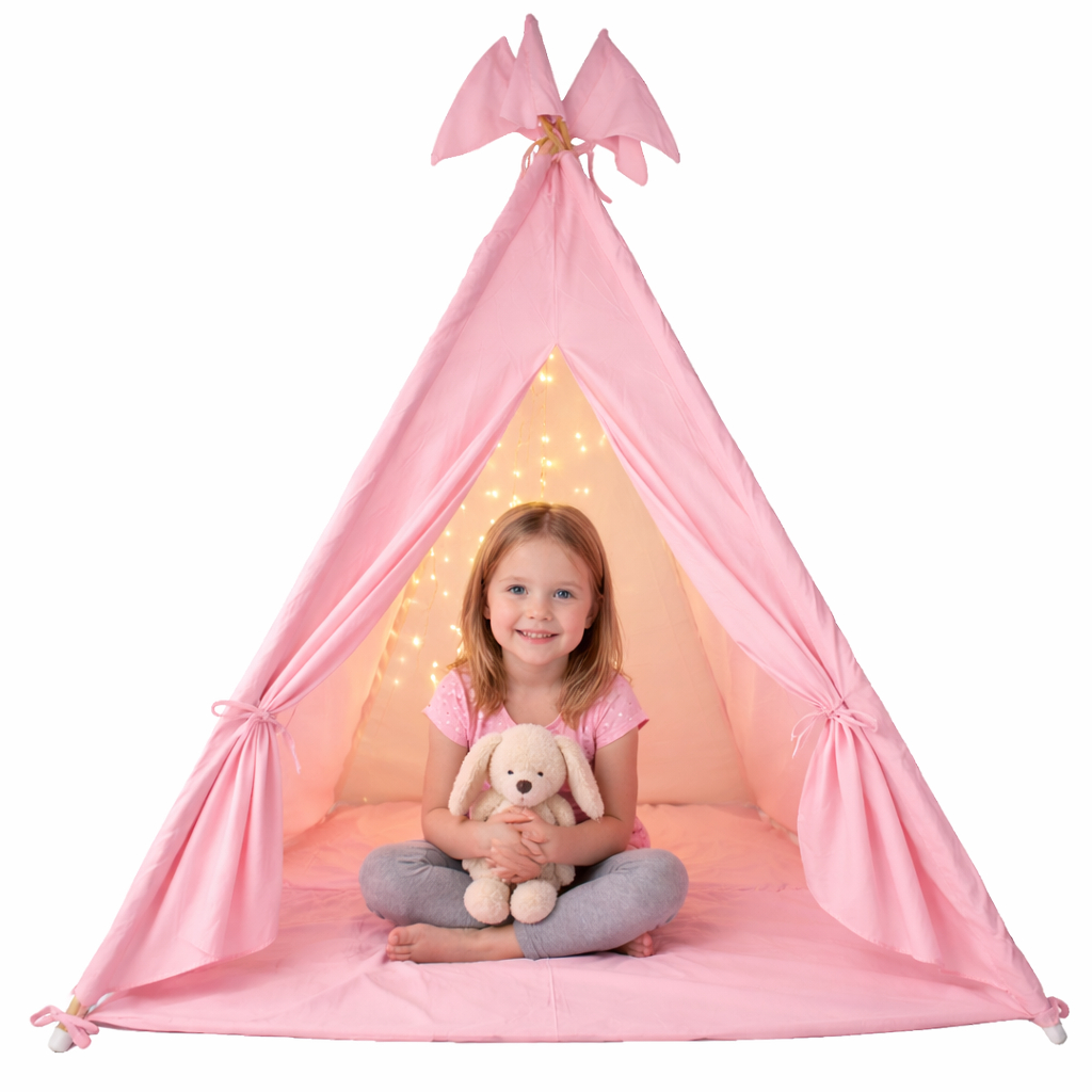 Cabana para festa do pijama, barraca, tenda, toca, cor cru com cinza + bandeirinhas