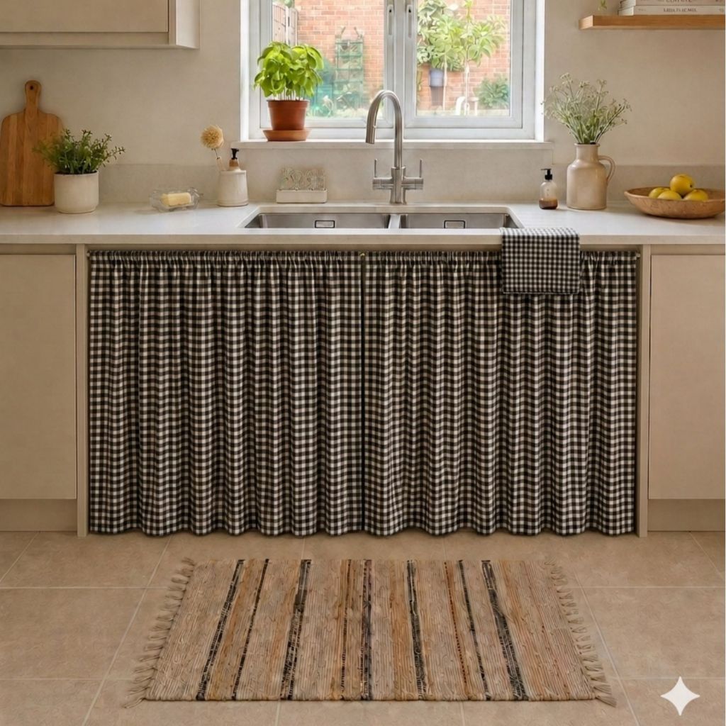 Cortina para Pia de Cozinha Lavanderia Xadrez 2,40 x 0,80 Tecido Oxford