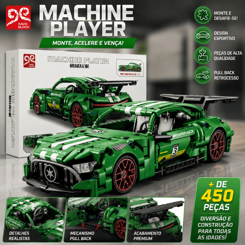 Carrinho de Montar Esportivo Verde Machine Player 456 Peças Pull Back Blocos de Construção Carro de Corrida Presente Inf