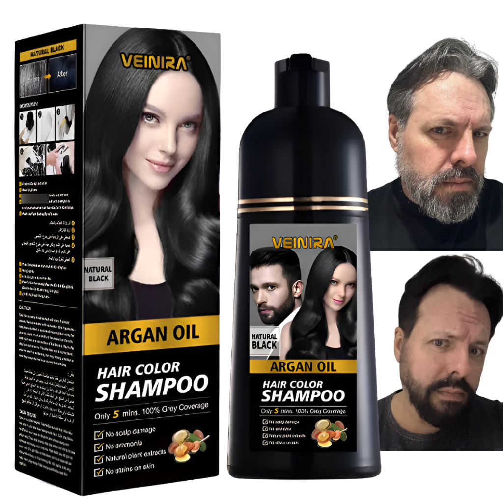 Shampoo 400 ml Veinira Tonalizante Profissional Escurecedor de Cabelo Grisalho e Barba com Pares de Luvas