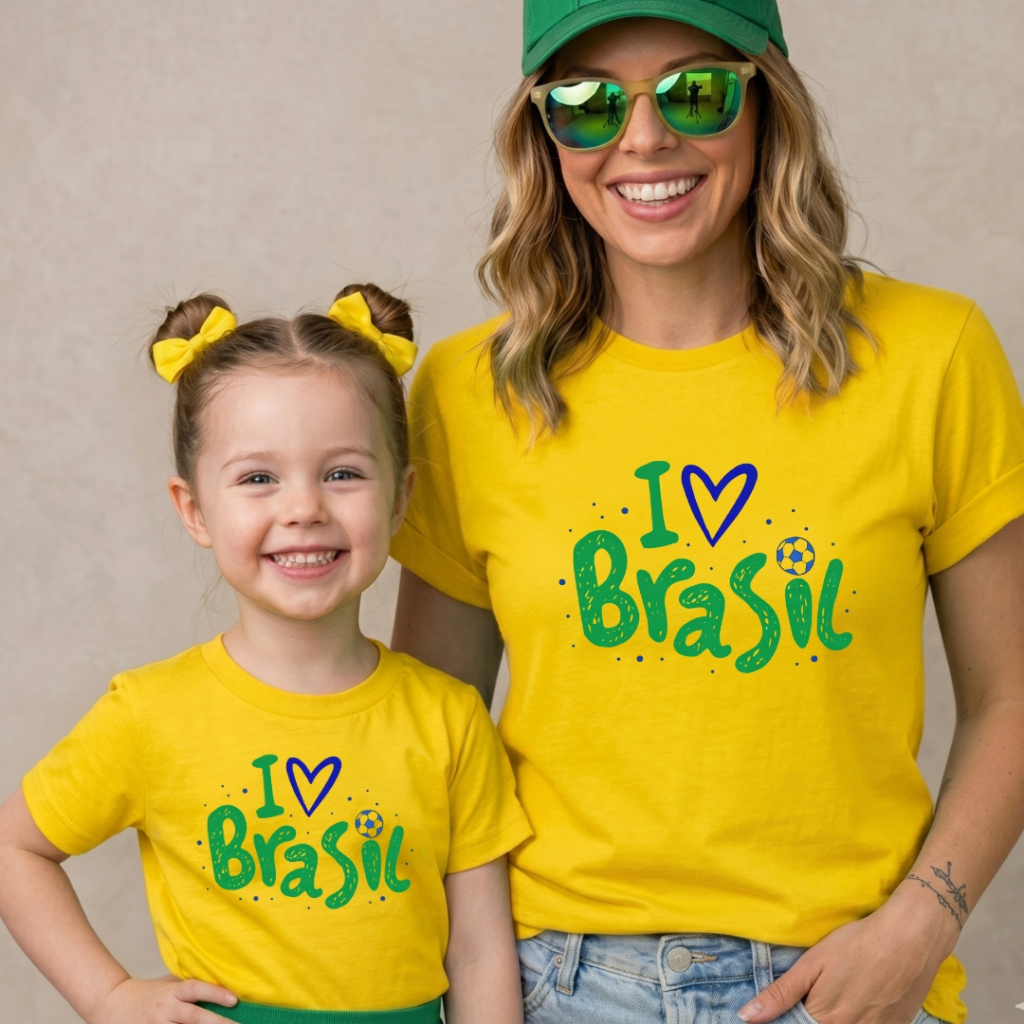 Camisetas do Brasil Mãe e Filha Brasileira I love brasil Blusa em Algodão Premium Amarelo Brasil