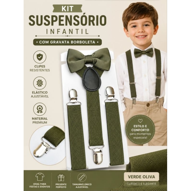 Kit Suspensório Infantil Verde Oliva com Gravata Borboleta Menino Festa Casamento Social Ajustável