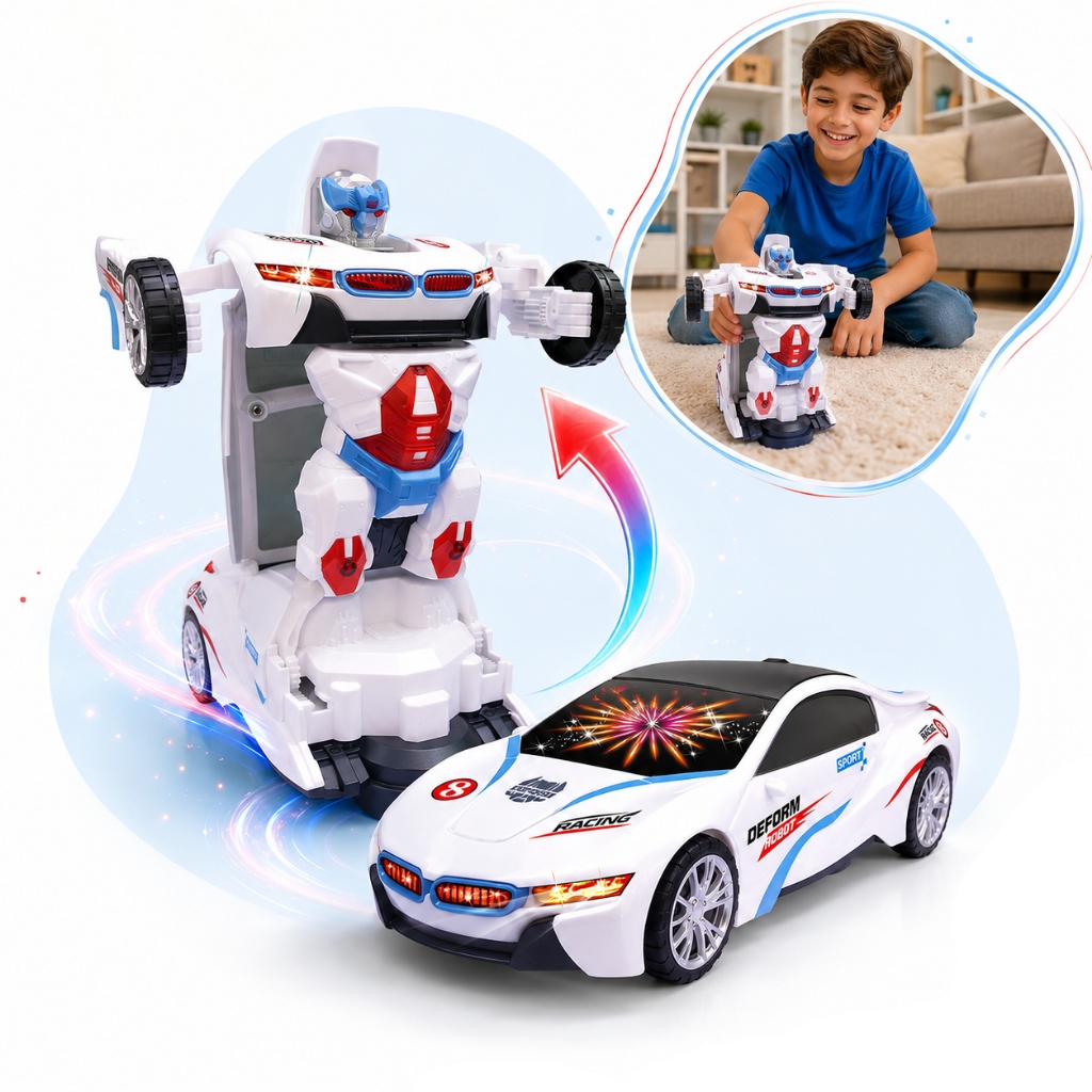 Carrinho Vira Robô Transformers Bate e Volta com Luz Som Infantil Interativo Branco Carrinho Kizumba
