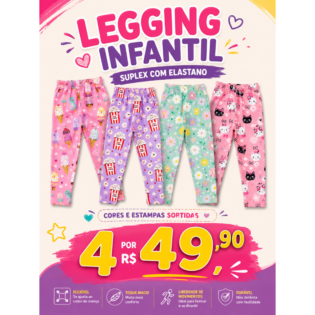 Combo Calça Legging Infantil Estamapadas – Kit com 4 Peças Sortidas - Roupa de menina