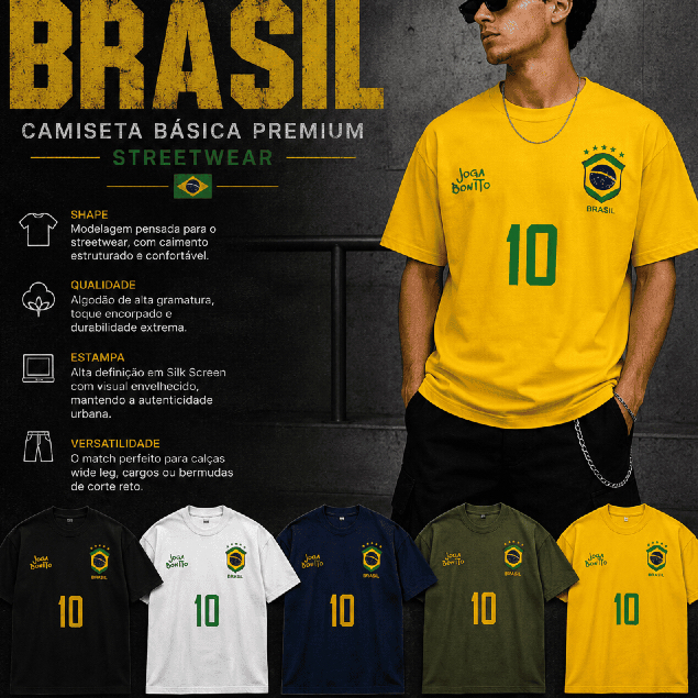 Camiseta Masculina Brasil Joga Bonito Torcedor Brasileiro Camiseta de Futebol Unissex Algodão Copa