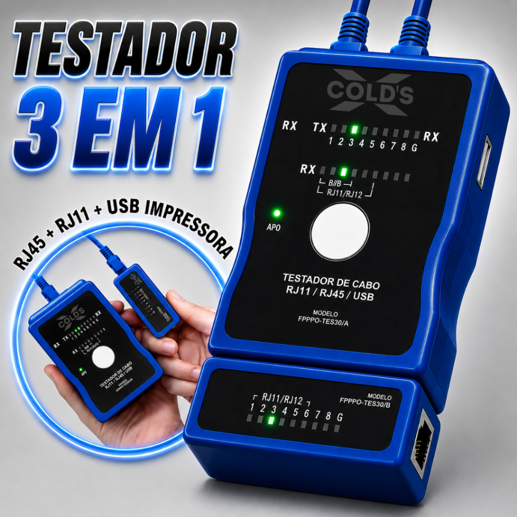 Testador de Cabos com LED Indicativo 3 em 1 Profissional RJ45 RJ11 RJ12 USB